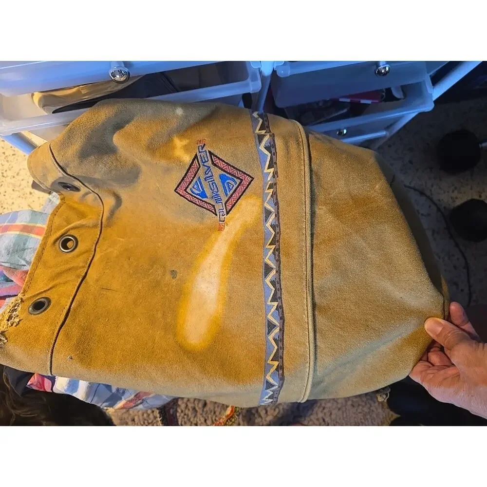 VTG Quicksilver Backpack Tan Rucksack Drawstring Bag 90s surf thrash skate rare
